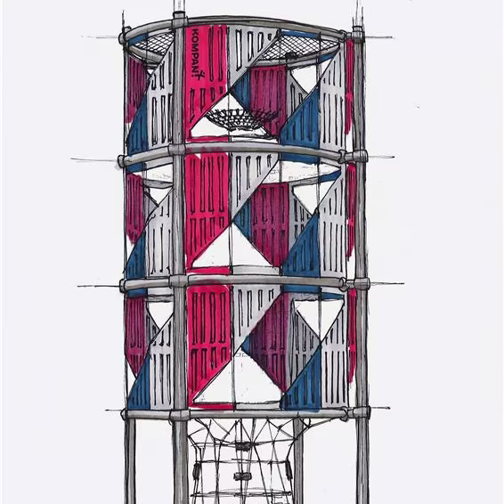 Skitse af Infinity Tower - skræddersyet legepladstårn fra KOMPAN