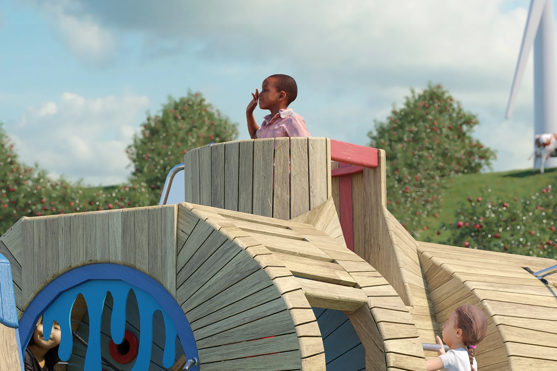 A child on top of a wooden truck play structure