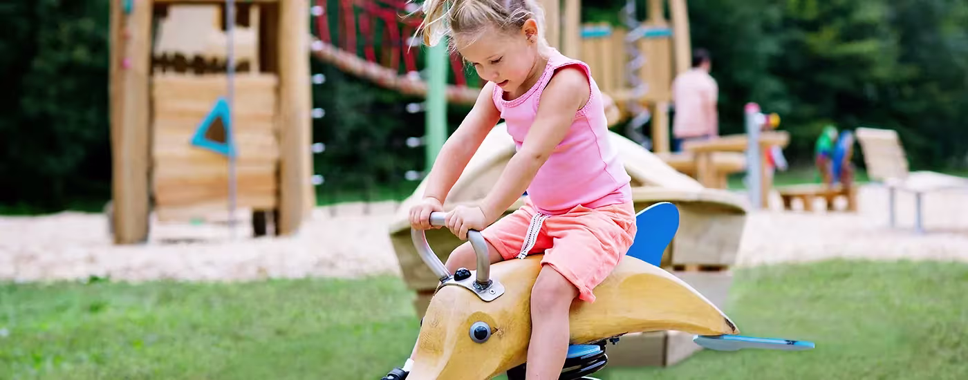 a child playing on a wooden playground rocker hero image