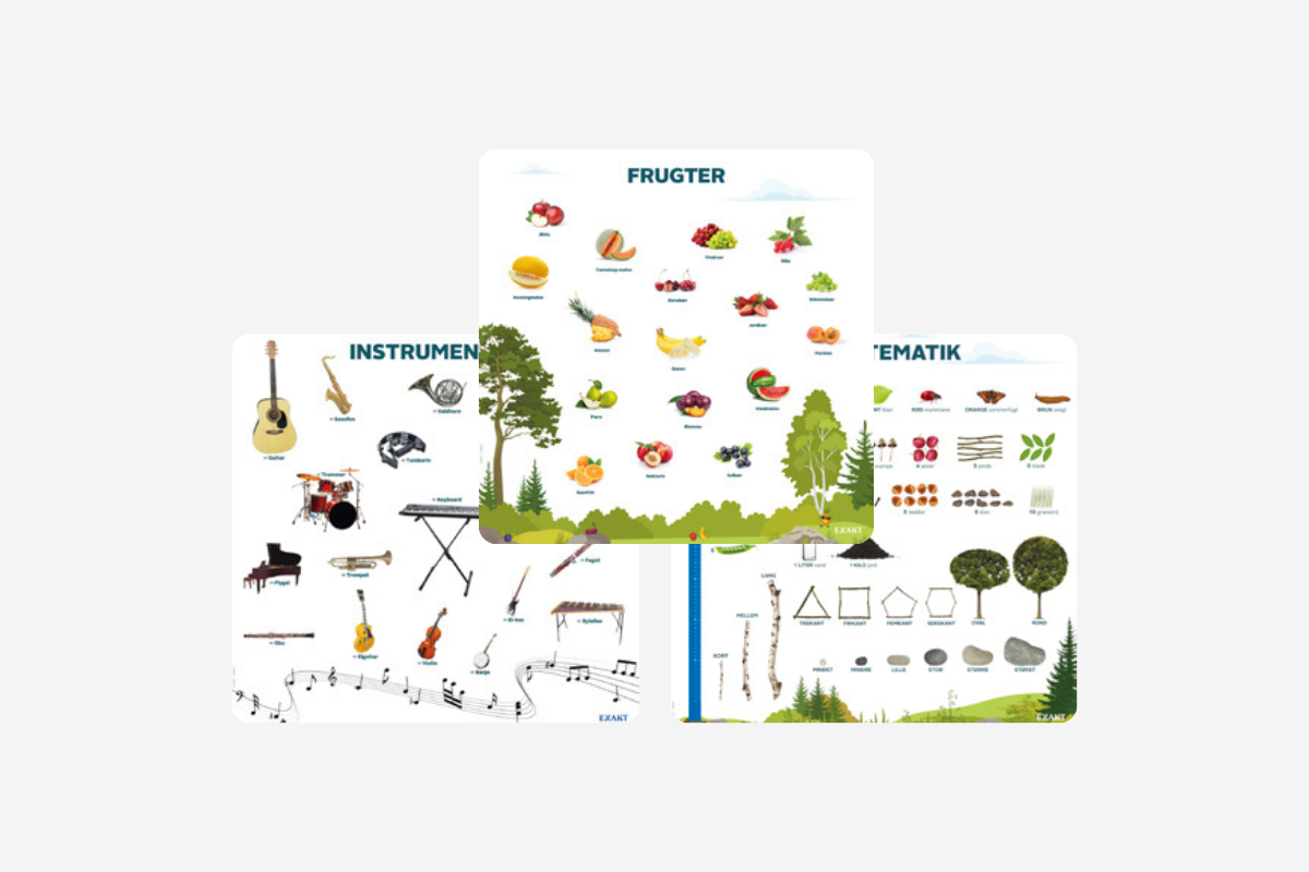 Three colourful educational posters overlap, showing labelled illustrations of fruits, musical instruments and nature-themed maths elements.