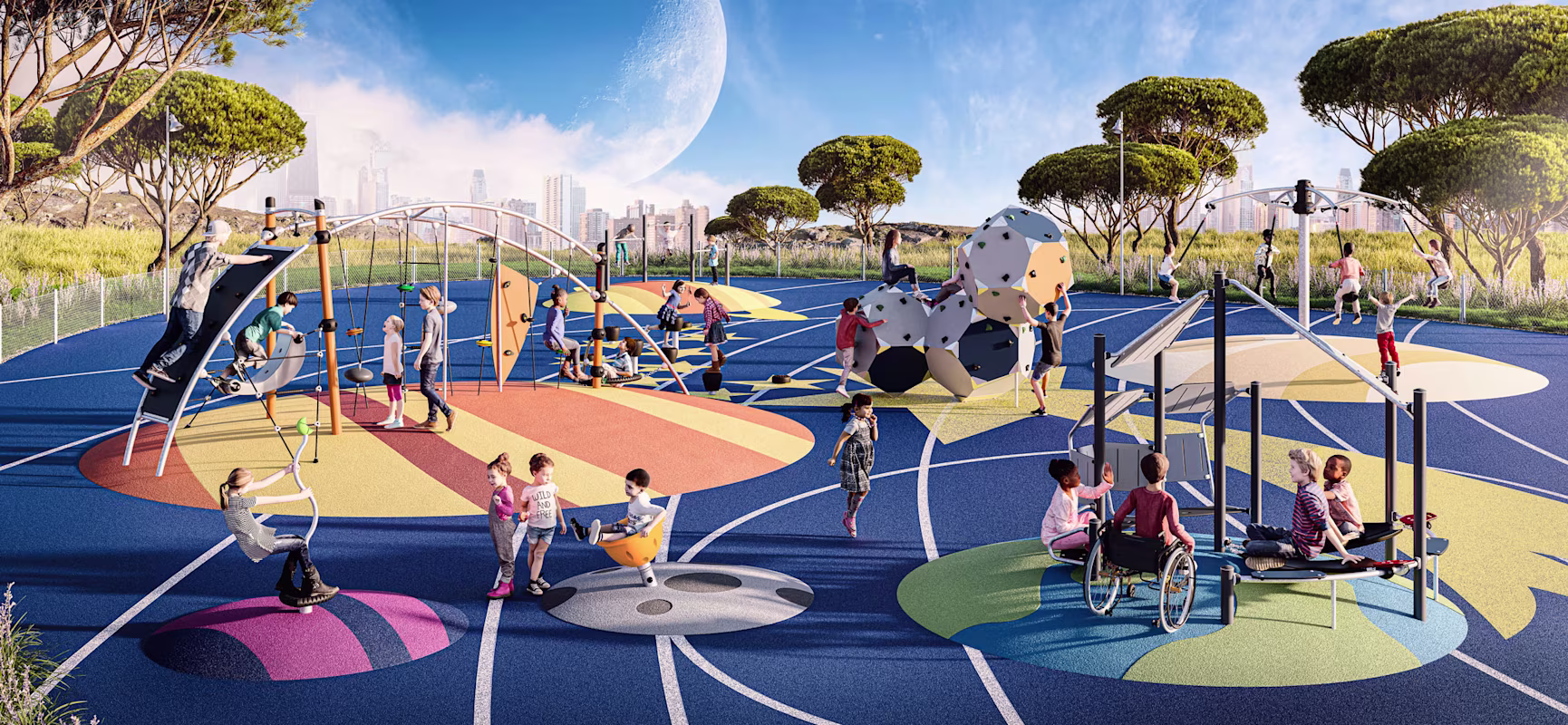 Children playing on KOMPAN's space themed playgrounds