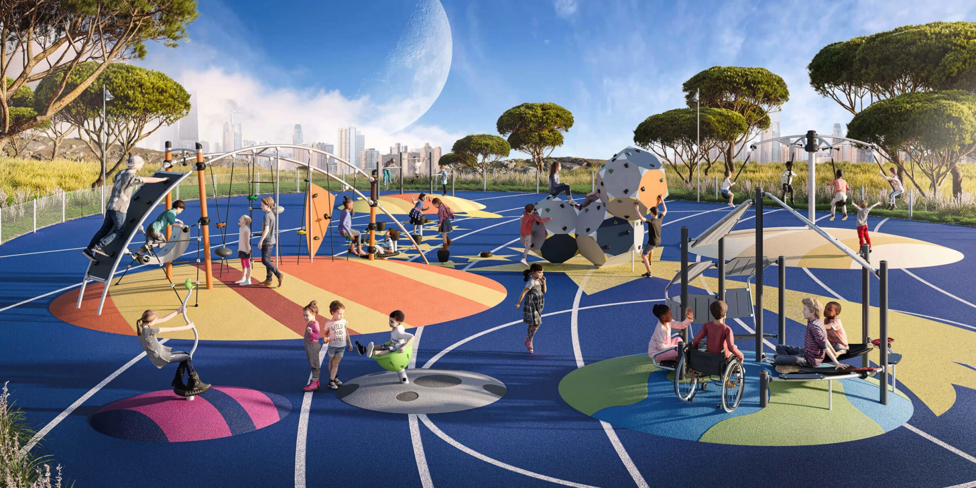 Idea conceptual de un parque infantil con temática espacial