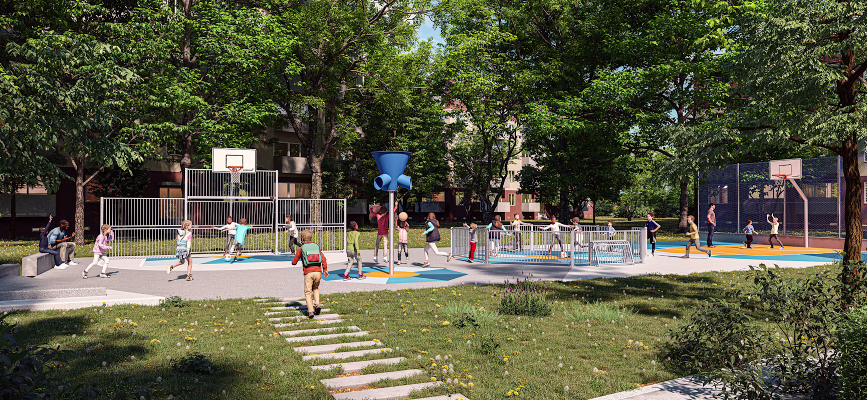 Children and adults play on outdoor basketball and sports courts in a green park surrounded by trees and apartment buildings