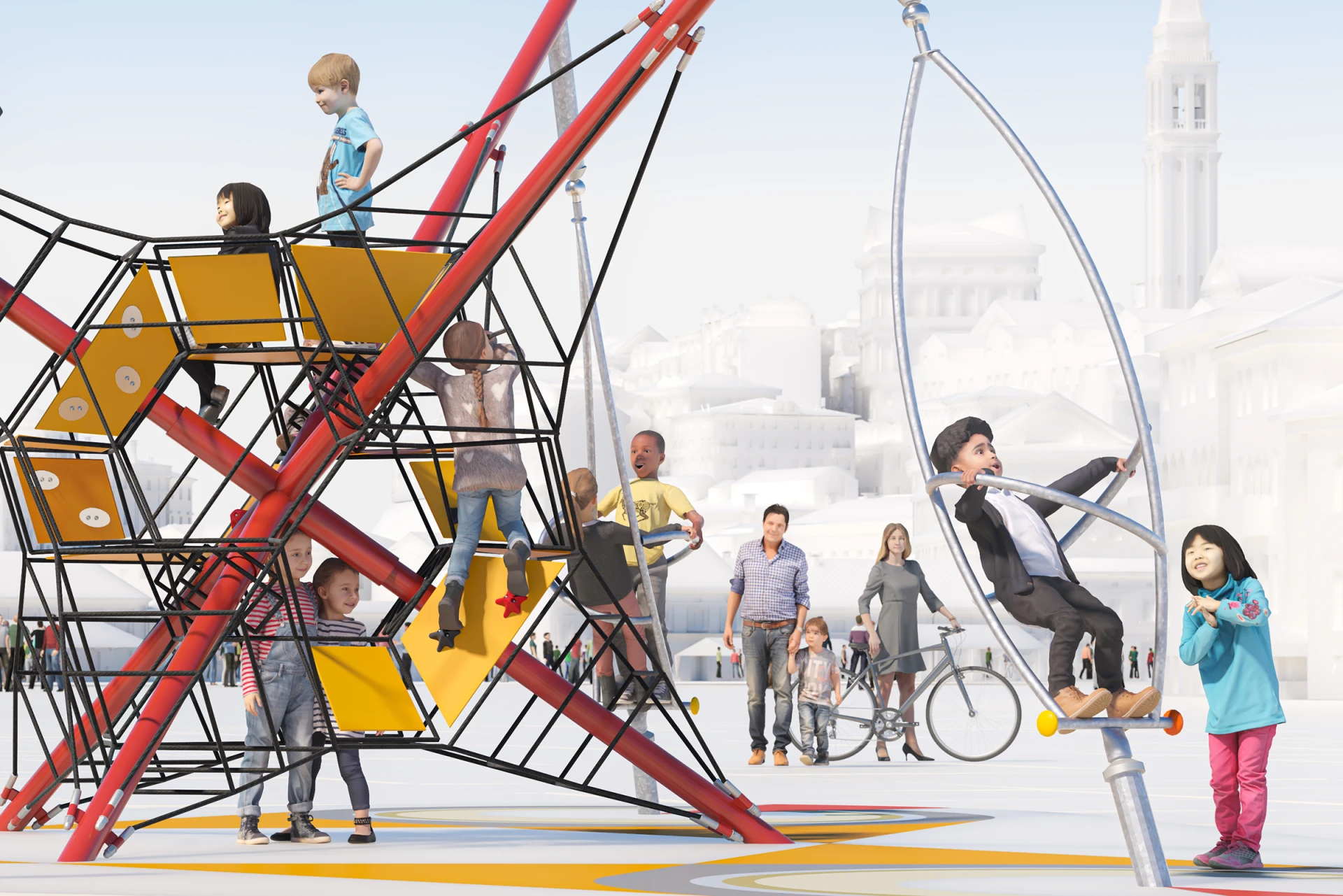 Children playing on spinners outside of the play structure