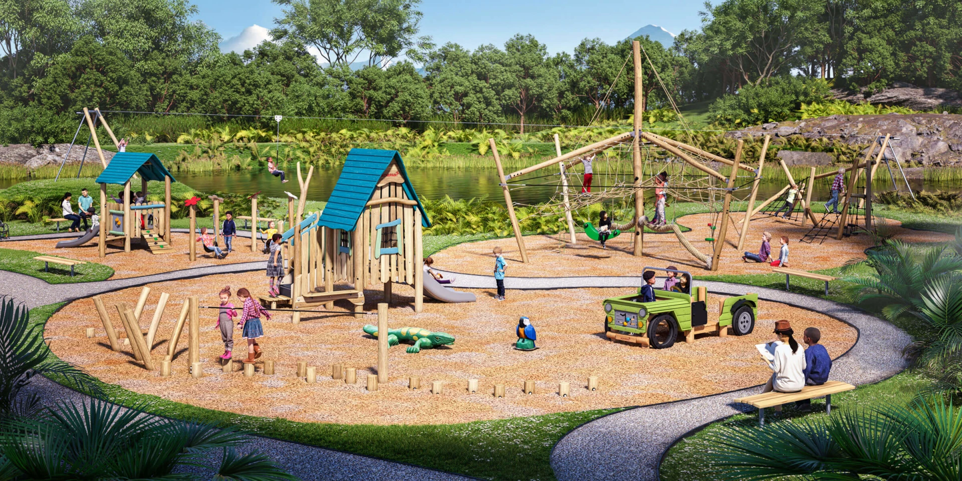 designidé för en naturlig lekplats i trä i en park