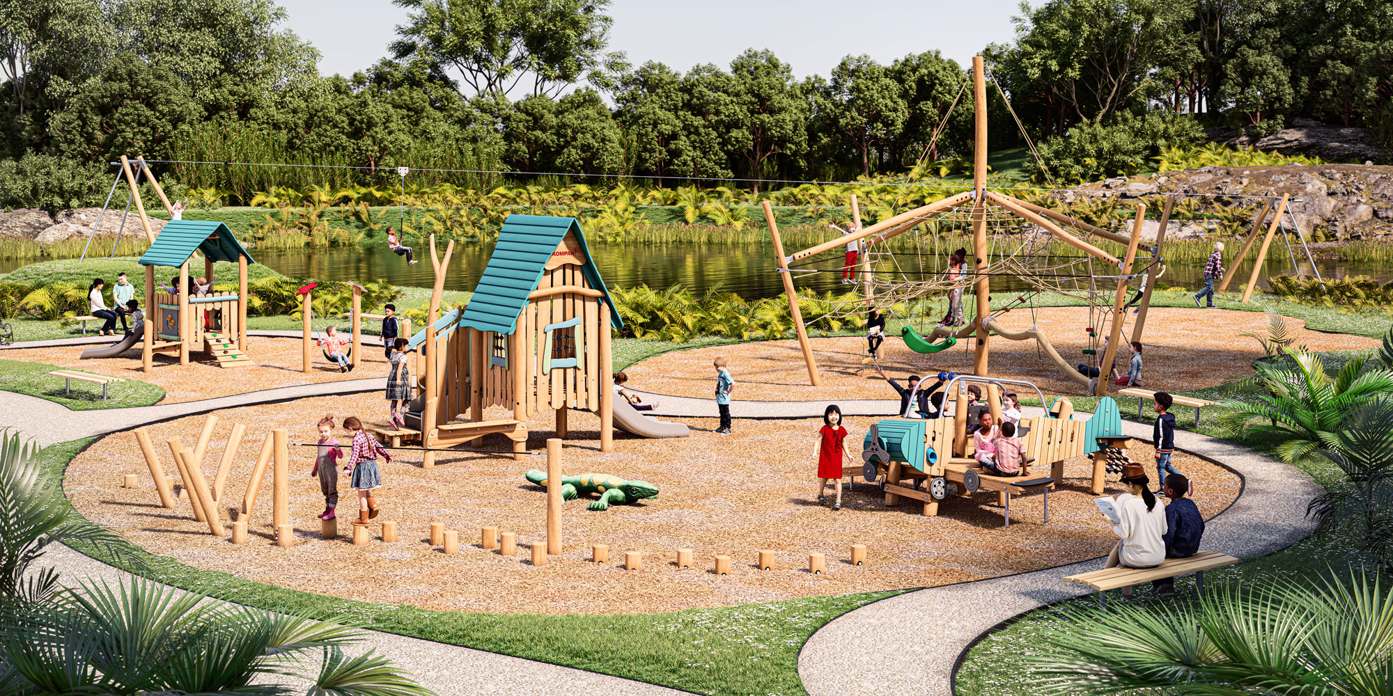 design idea of a natural wooden playground in a park