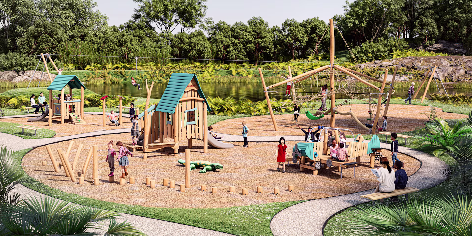 design idea of a natural wooden playground in a park