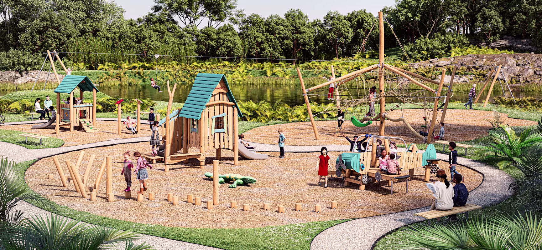 design idea of a natural wooden playground in a park
