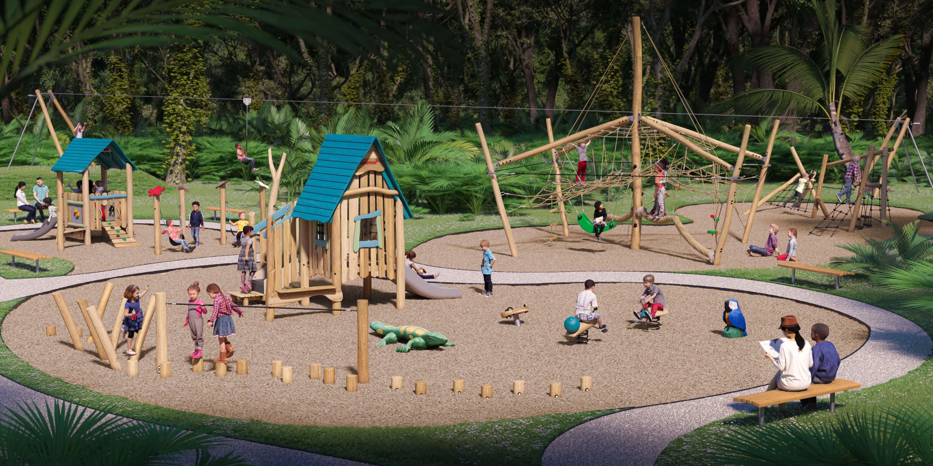 ontwerpidee van een natuurlijke houten speelplek in een park