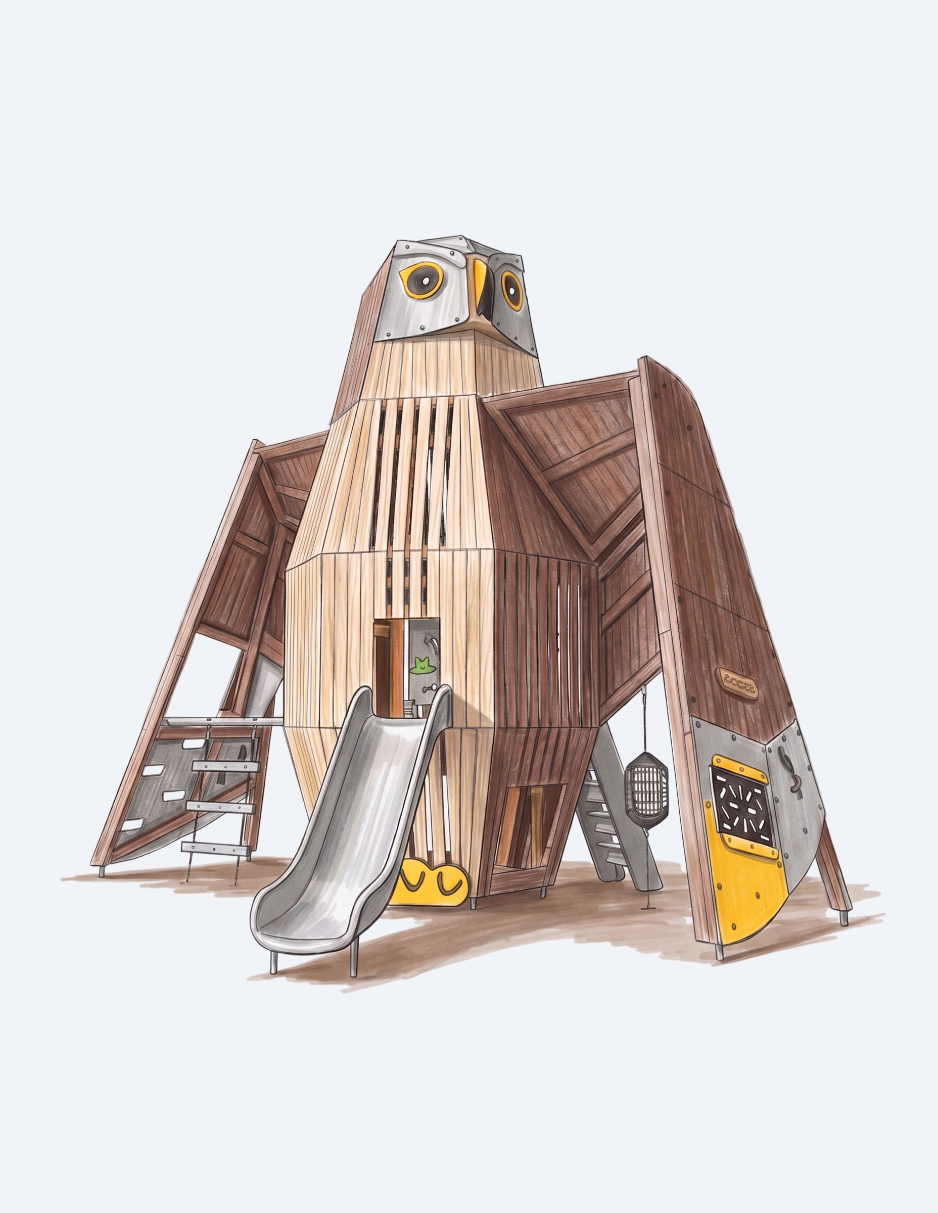 hand sketch of wooden playground bird sculpture