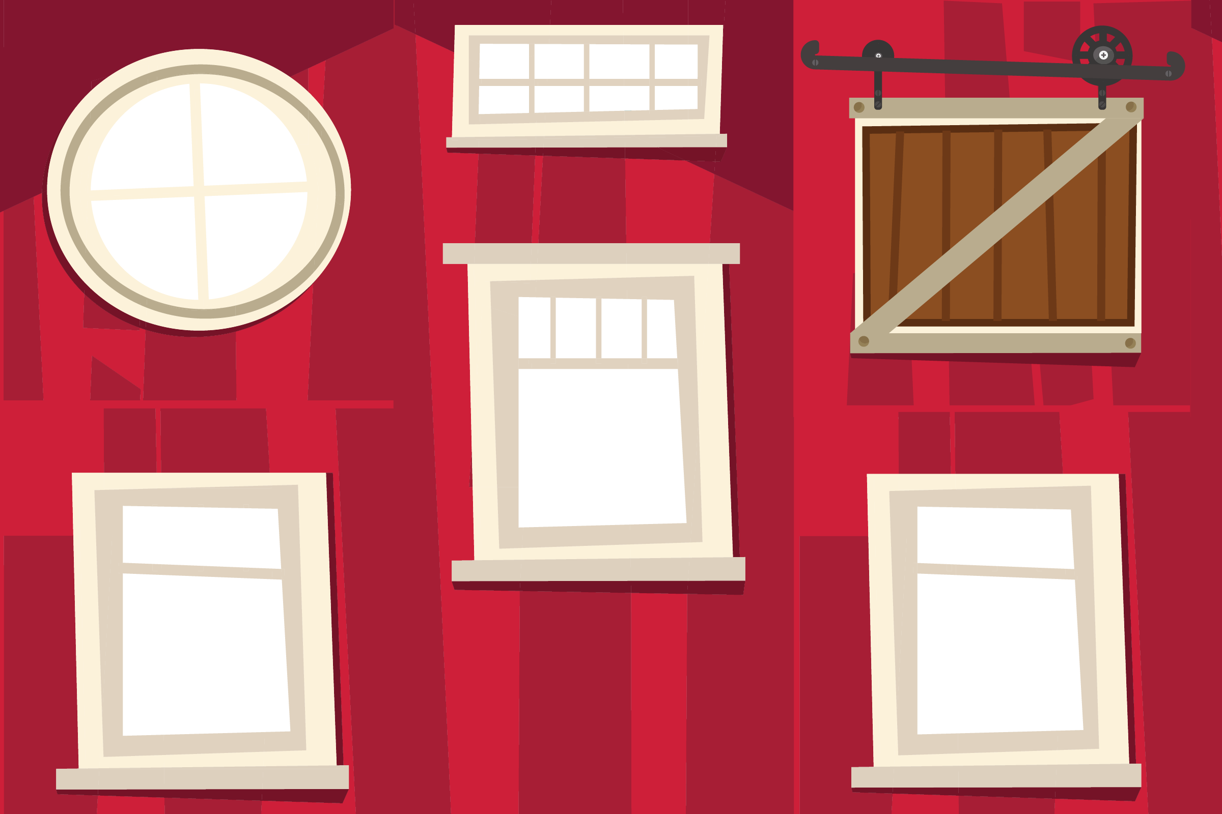 Cartoon red barn wall with five cream-framed windows and one wooden sliding door, all in different shapes and styles.