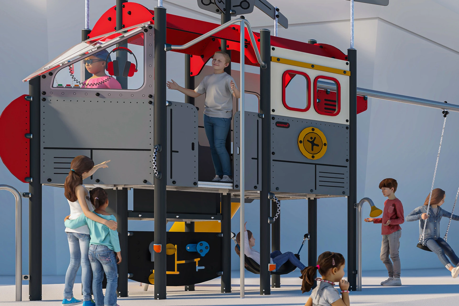 Konceptbild på barn som leker på lekplats med en branstång från en helikopter