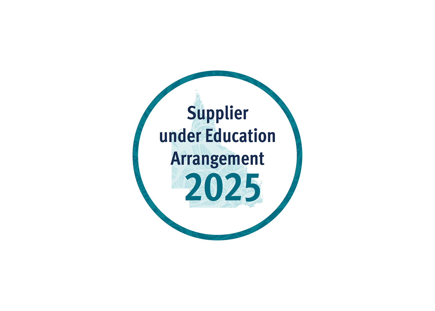 Circular teal badge with text “Supplier under Education Arrangement 2025” over a pale patterned map shape on white background