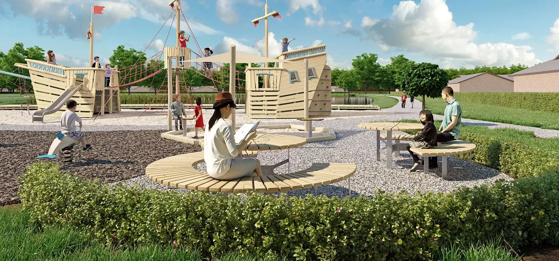 people relaxing at a curved bench next to a playground