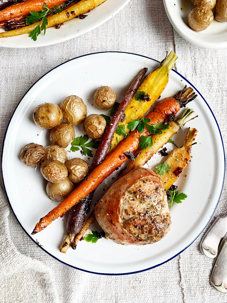Bacon Wrapped Chicken Medallions and Lemon Pasta with Artichokes and Peas Marcangelo Foods