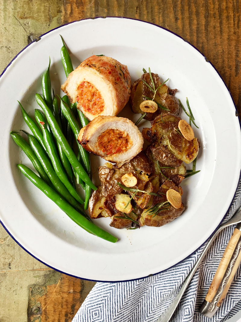Pork loin chop with smashed potatoes and green beans recipe