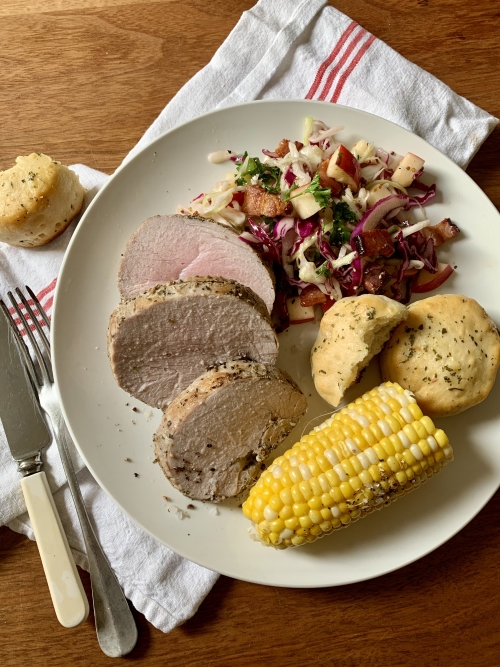 Herb pork sirloin with bacon apple slaw recipe