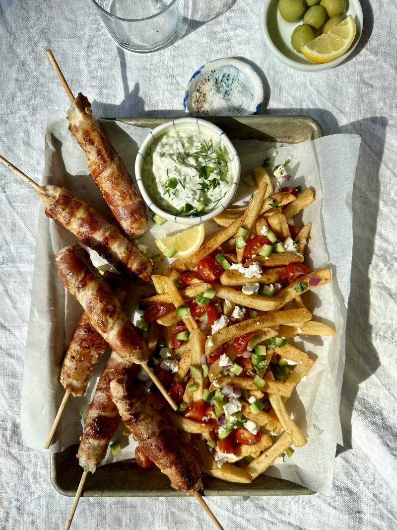 bacon twisters with loaded Greek fries recipe