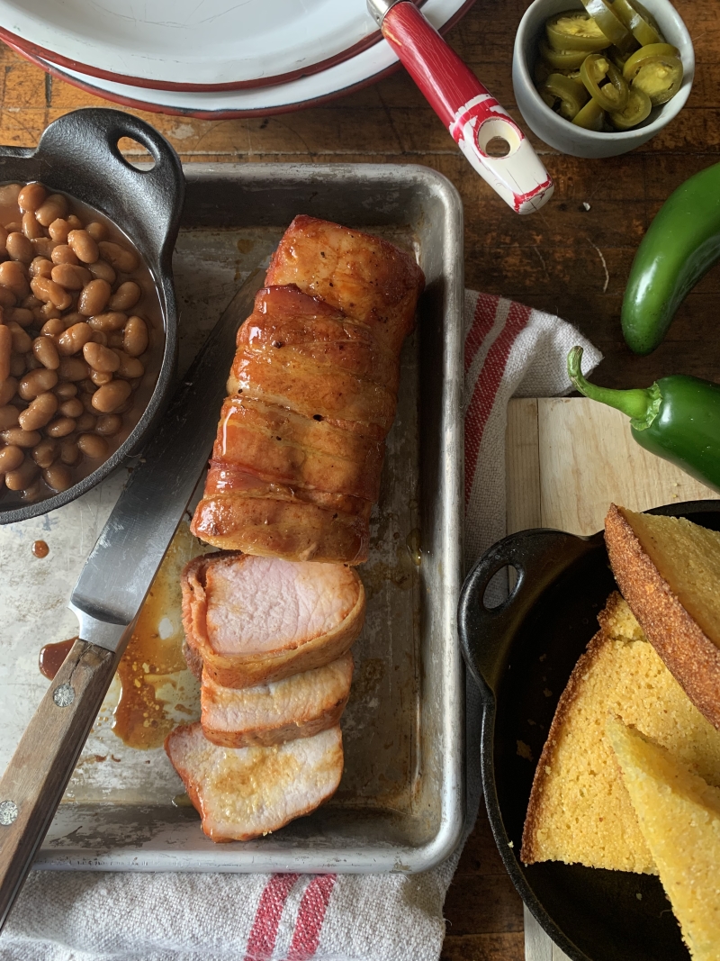 BBQ bacon wrapped pork loin jalapeño cornbread