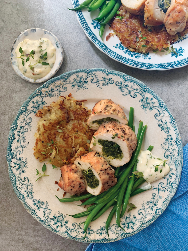 Spinach and Feta Stuffed Chicken on Potato Rosti with Roasted Garlic