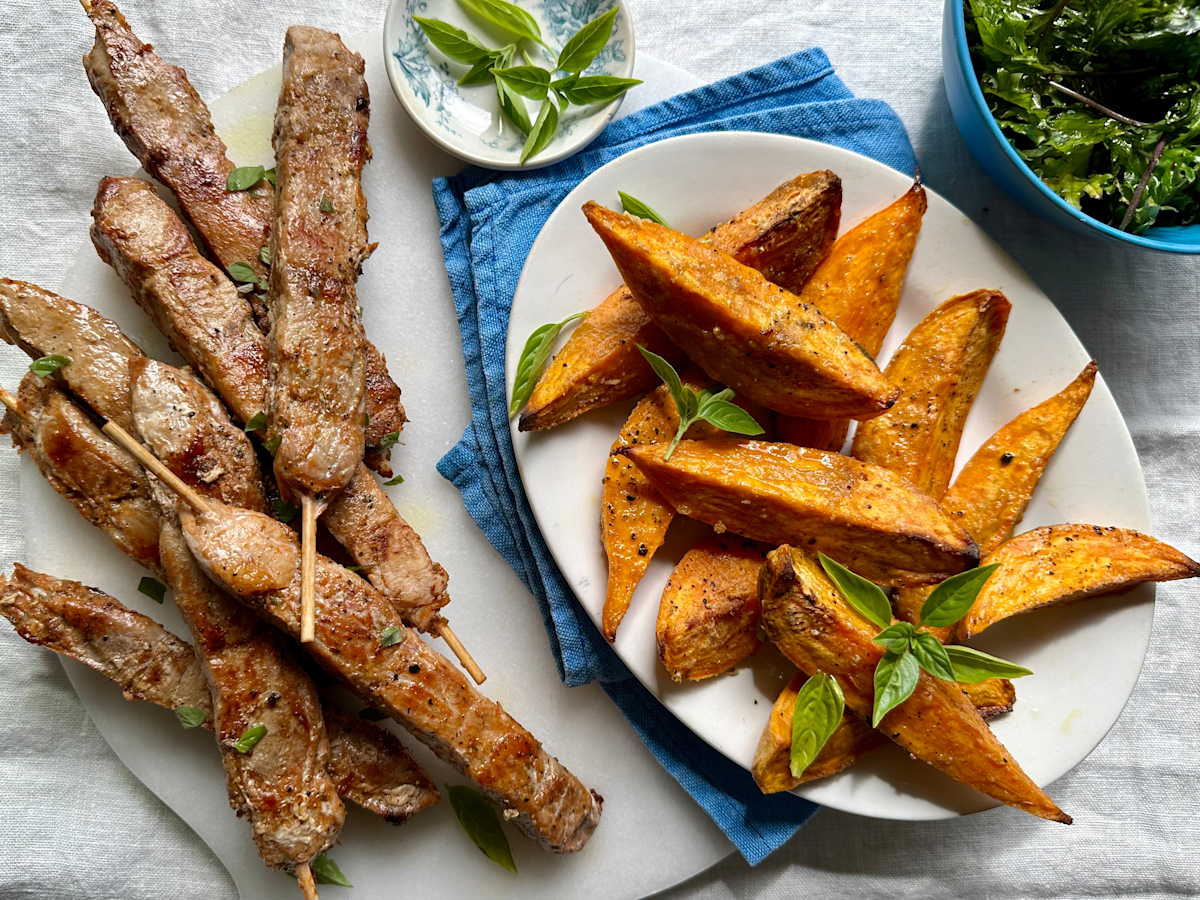 Grilled Pork Souvlaki Kabobs with Coconut Roasted Sweet Potatoes