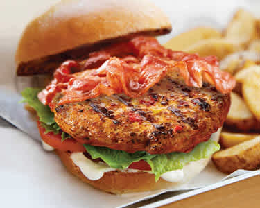 Image of an open-faced burger with a serving of fries