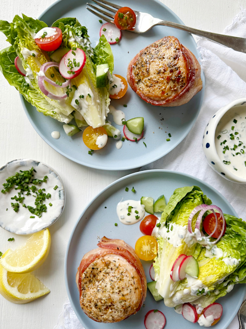 Bacon Wrapped Chicken Medallions and Lemon Pasta with Artichokes and Peas Marcangelo Foods