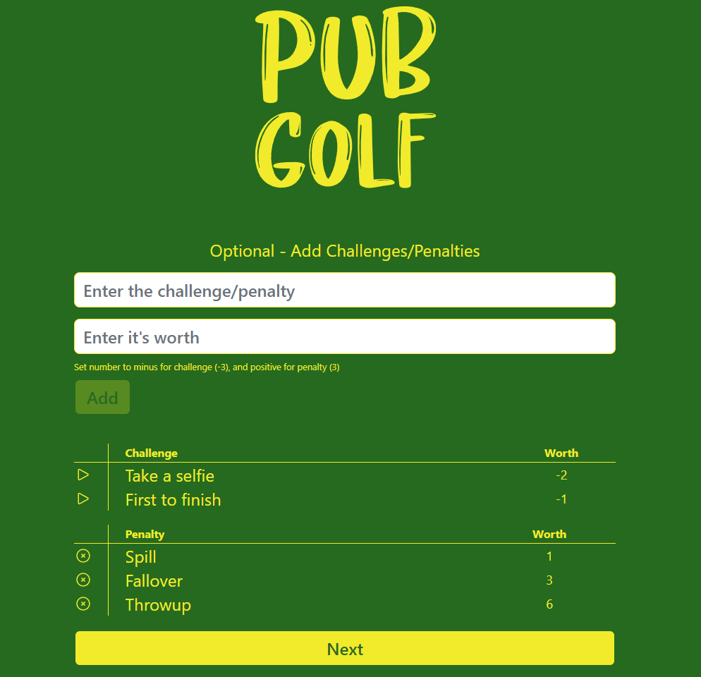 Pubgolf challenges form