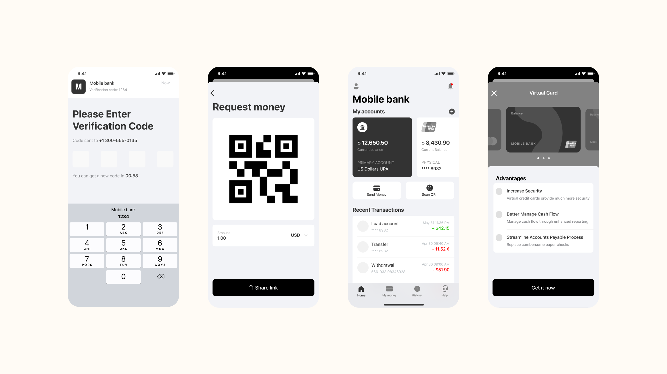 Mobile banking app wireframes