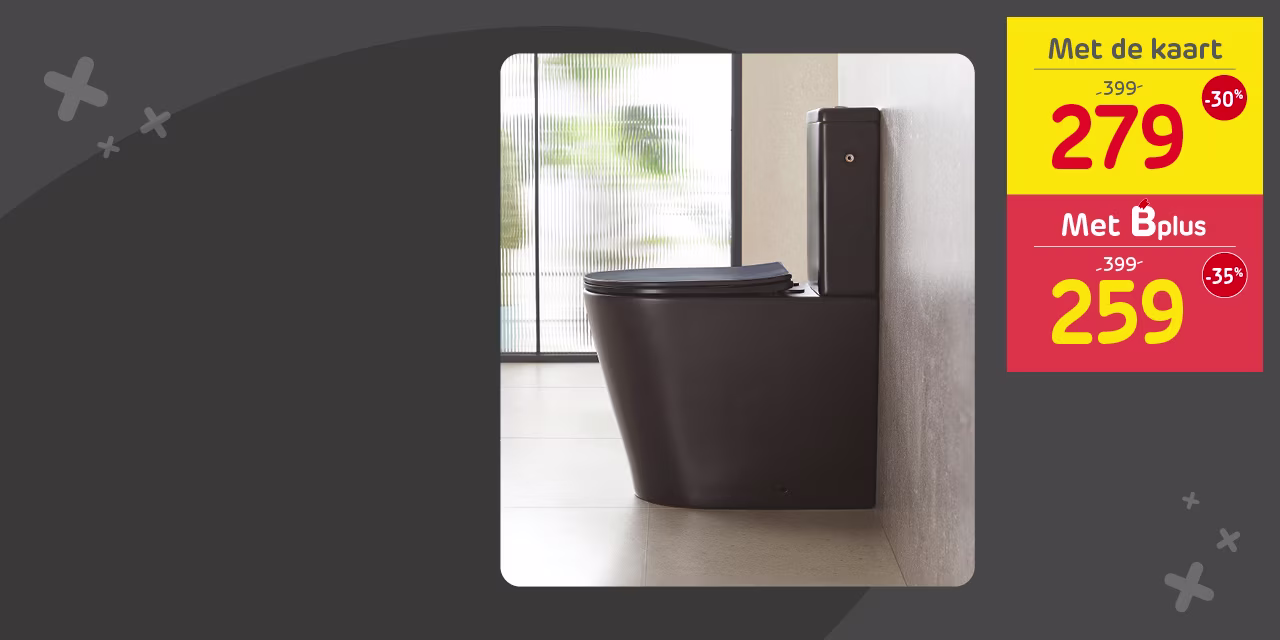 Modern duoblok toilet in mat zwart, nu voor €279 met de kaart of €259 met Bplus.