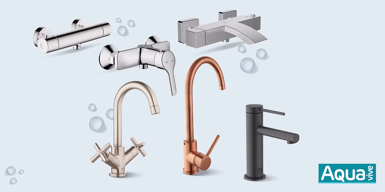 Assortiment Aquavive badkamerkranen in chroom, koper en mat zwart, nu met 30% korting. | Gamme de robinets de salle de bain Aquavive en chrome, cuivre et noir mat, maintenant avec 30% de réduction.