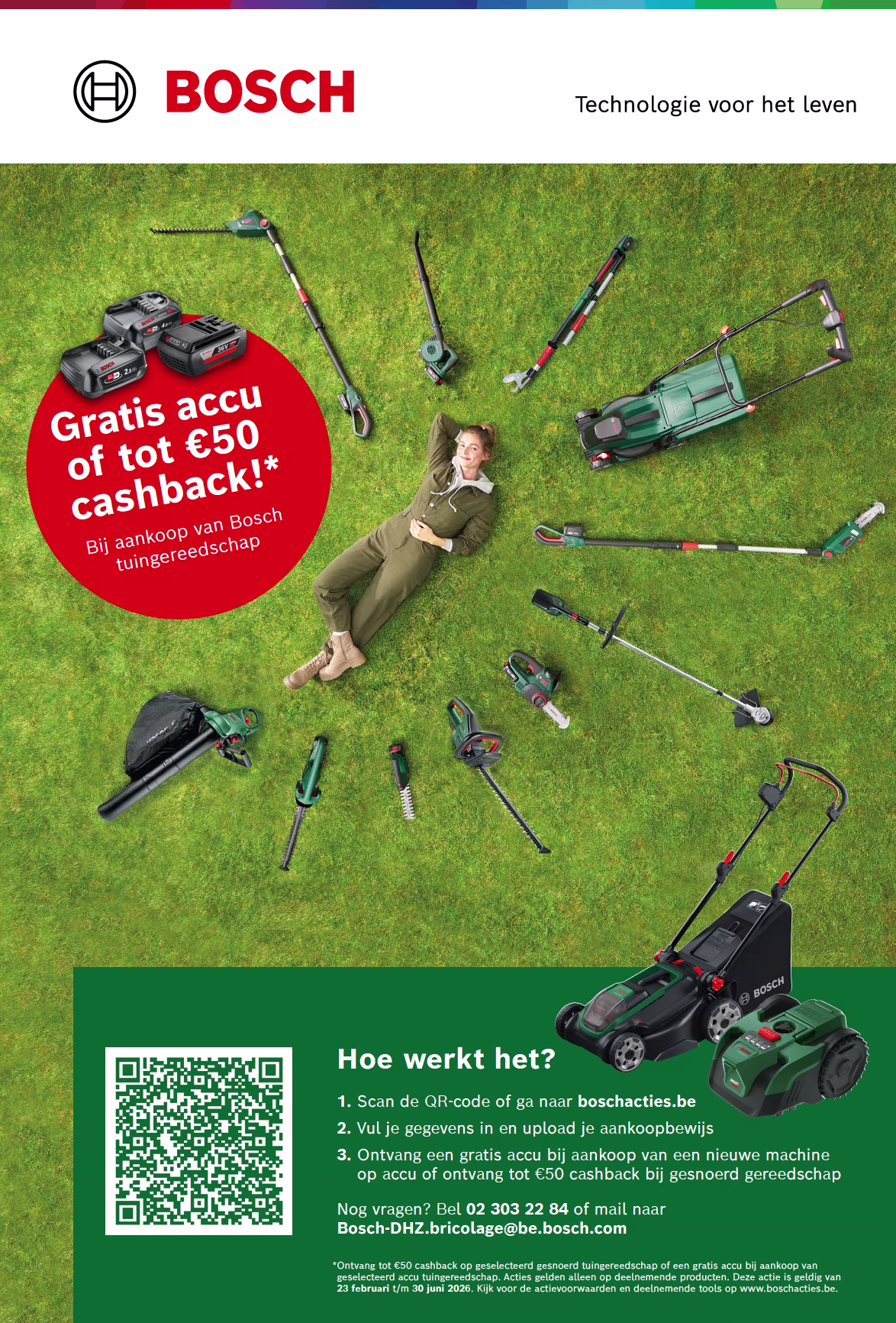 Cashback Bosch, krijg een gratis accu of tot €50 cashback bij aankoop van Bosch tuingereedschap