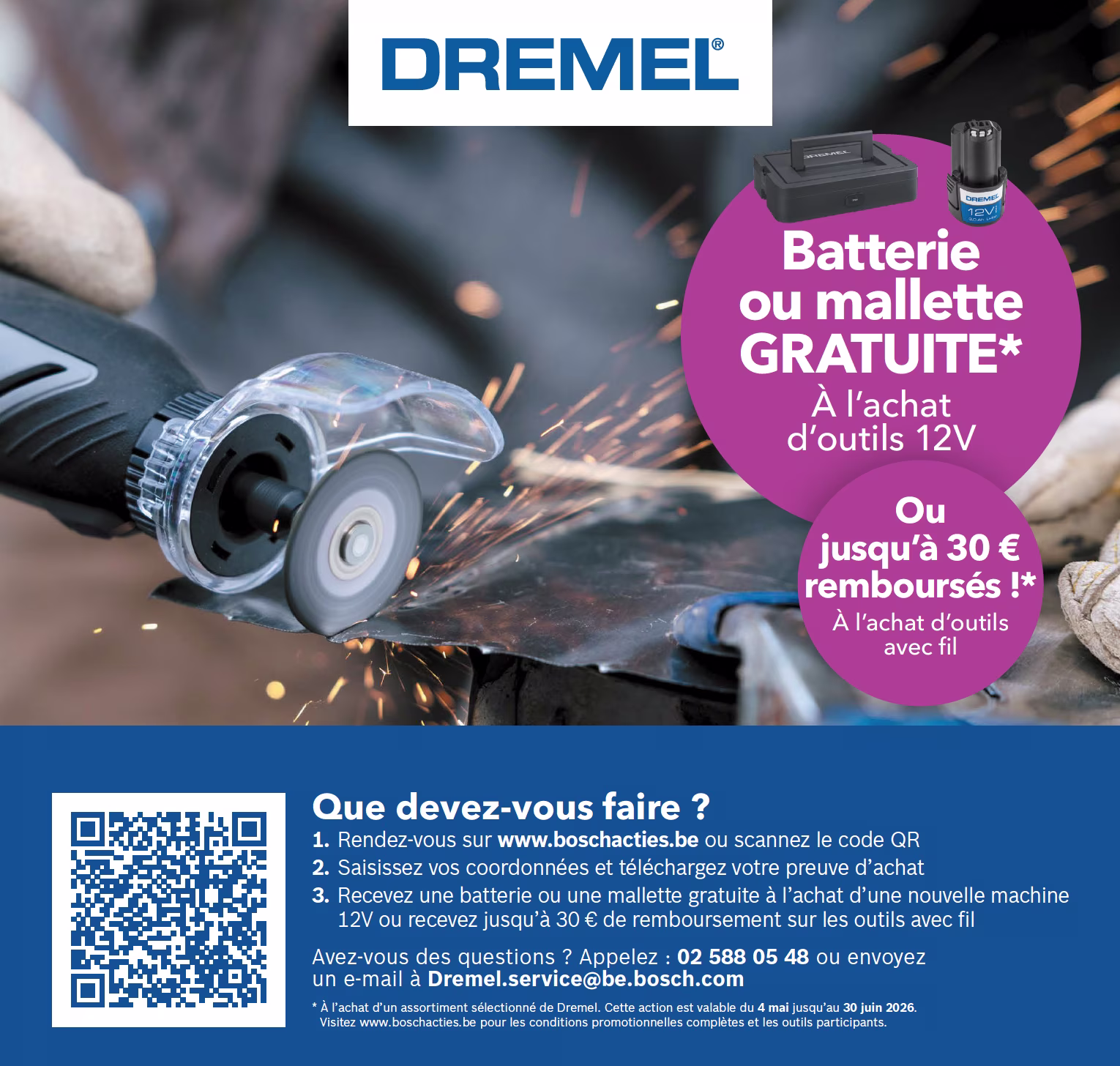 Cashback Dremel. Batterie ou mallette gatuite à  l’achat d’outils 12V, ou jusqu’à 30 € remboursés à l’achat d’outils avec fil
