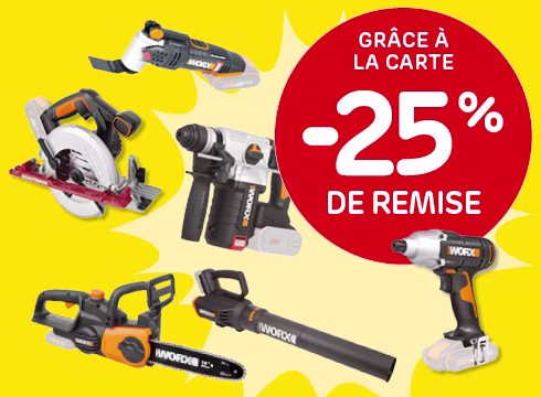 25% de remise sur tout l'outillage éléctrique Worx partir de €40 d'achat