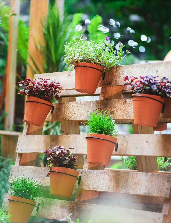 Leunend pallet met bloempotten | Palette penchée avec pots de fleurs