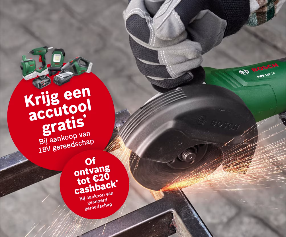 Bosch haakse slijper met vonken. Actie: gratis accutool bij 18V gereedschap of tot €20 cashback bij snoer gereedschap. | Meuleuse Bosch avec étincelles. Promo : outil sans fil gratuit avec outils 18V ou jusqu’à 20 € de cashback sur outils filaires.