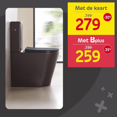 Modern duoblok toilet in mat zwart, nu voor €279 met de kaart of €259 met Bplus.