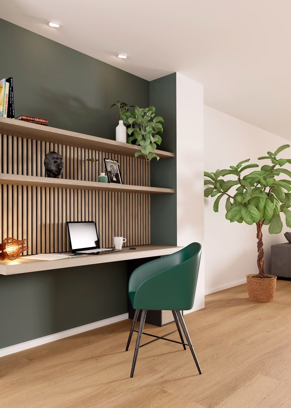 thuiswerkplek met aardse groene kleuren een een lattenwand: praxis lattenwanden trends 2026