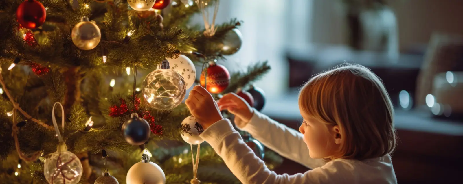 Kind hangt kerstballen in kerstboom | Un enfant accroche des boules au sapin de Noël