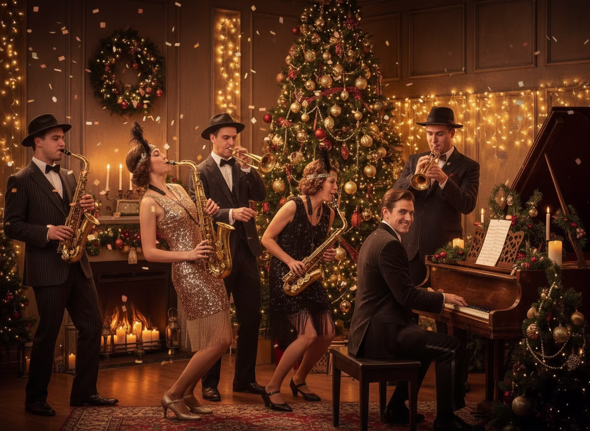 jazzband met op de achtergrond een grote kerstboom