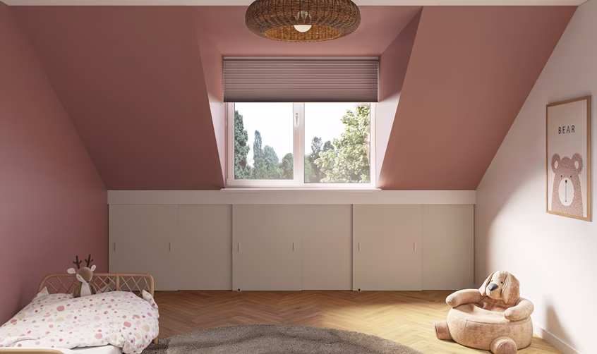 Kinderkamer met lage inbouwkast met schuifdeuren onder een dakkapel | Chambre d’enfant avec placard bas encastré à portes coulissantes sous un chien-assis