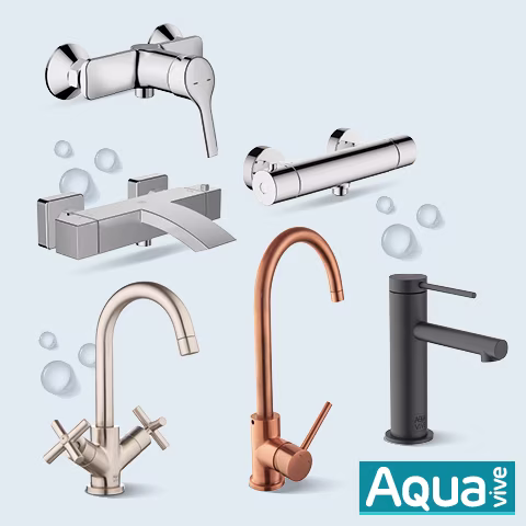Assortiment Aquavive badkamerkranen in chroom, koper en mat zwart, nu met 30% korting. | Gamme de robinets de salle de bain Aquavive en chrome, cuivre et noir mat, maintenant avec 30% de réduction.