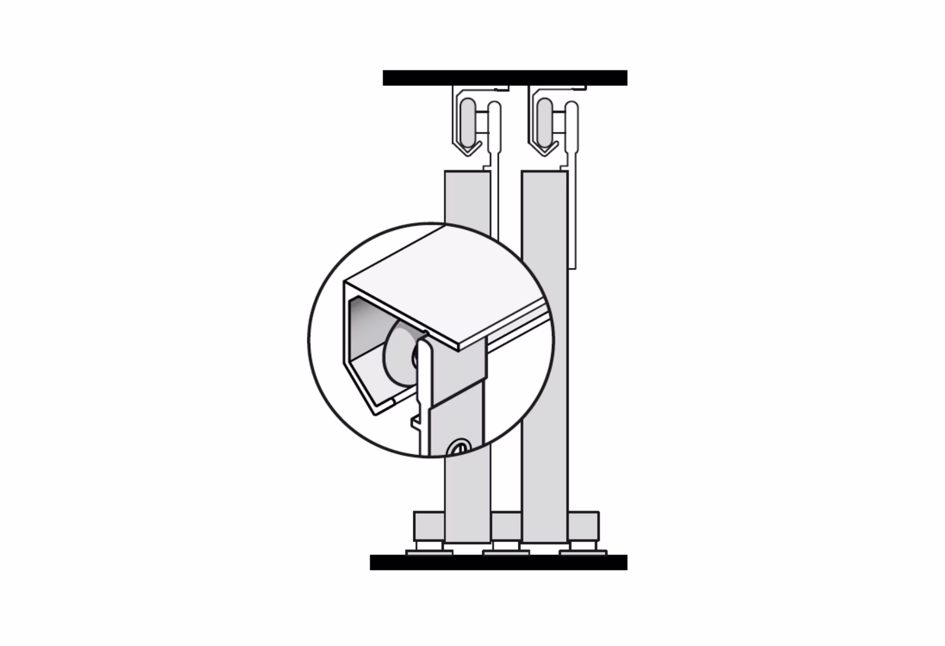 Technische tekening van een plafondrail met wieltjes voor schuifdeuren, inclusief detailweergave van het loopmechanisme | Schéma technique d’un rail de plafond avec roulettes pour portes coulissantes, incluant un zoom sur le mécanisme de roulement