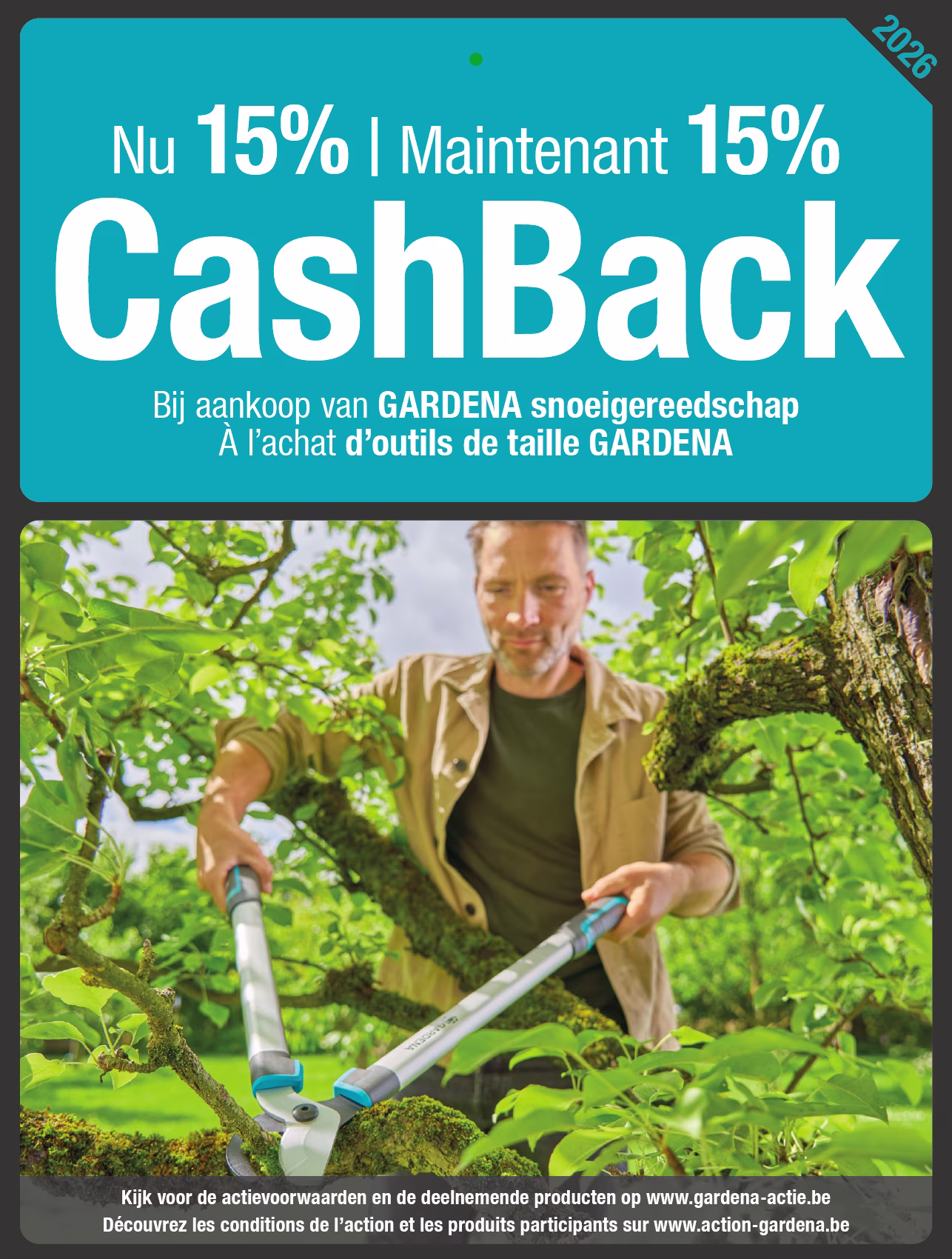 Cashback GARDENA. Nu 15% cashback bij aankoop van GARDENA snoeigereedschap | Maintenant 15% remboursés à l’achat d'outils de taille GARDENA