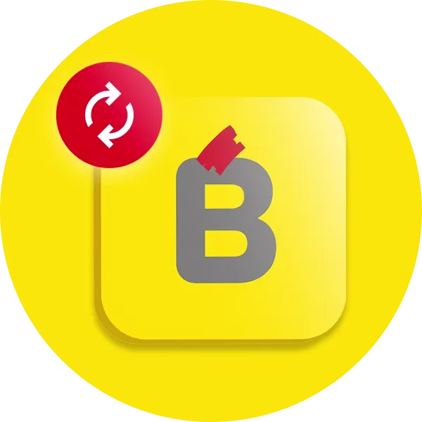 Gele cirkel met appicoon, letter B en rode pijlen | Cercle jaune avec icône application, lettre B et flèches rouges