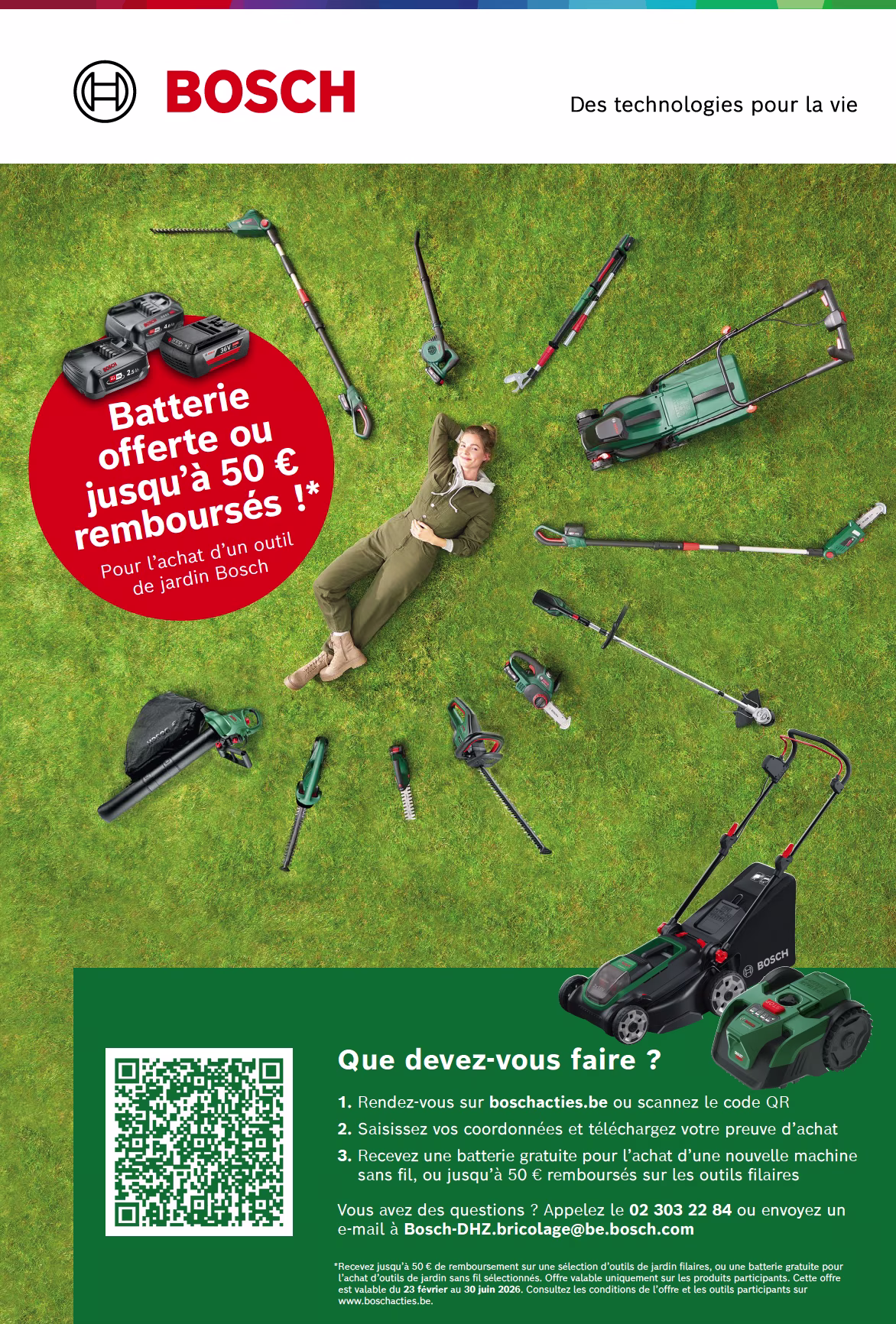 Cashback Bosch, recevez une batterie offerte ou jusqu'à 50 € de remboursement à l'achat d'outils de jardin Bosch.