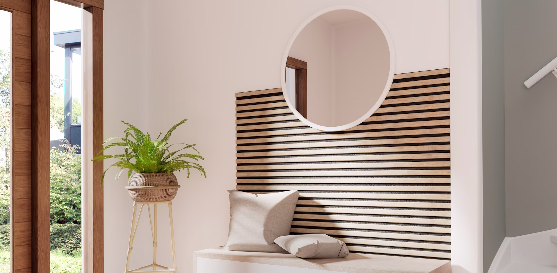 entreeruimte met plant, spiegel en akoestische panelen in hout kleur – Praxis blog: lattenwanden trends 2026