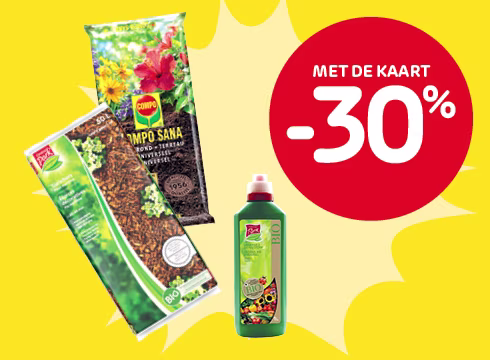 -30% korting op alle potgrond, meststof en boomschors, vanaf 2 artikelen naar keuze