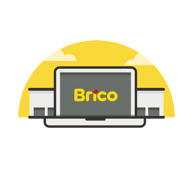 Het logo van Brico op een computerscherm | Le logo de Brico sur un écran d'ordinateur