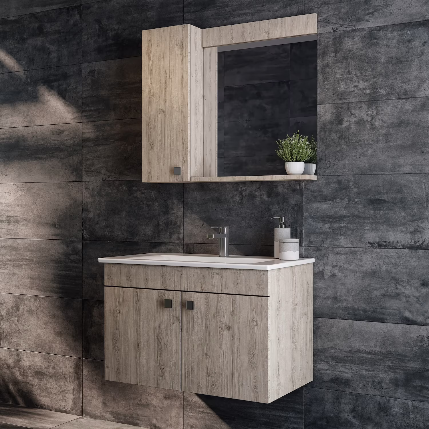 Houten badkamermeubel met achterwand met zwarte wandtegels